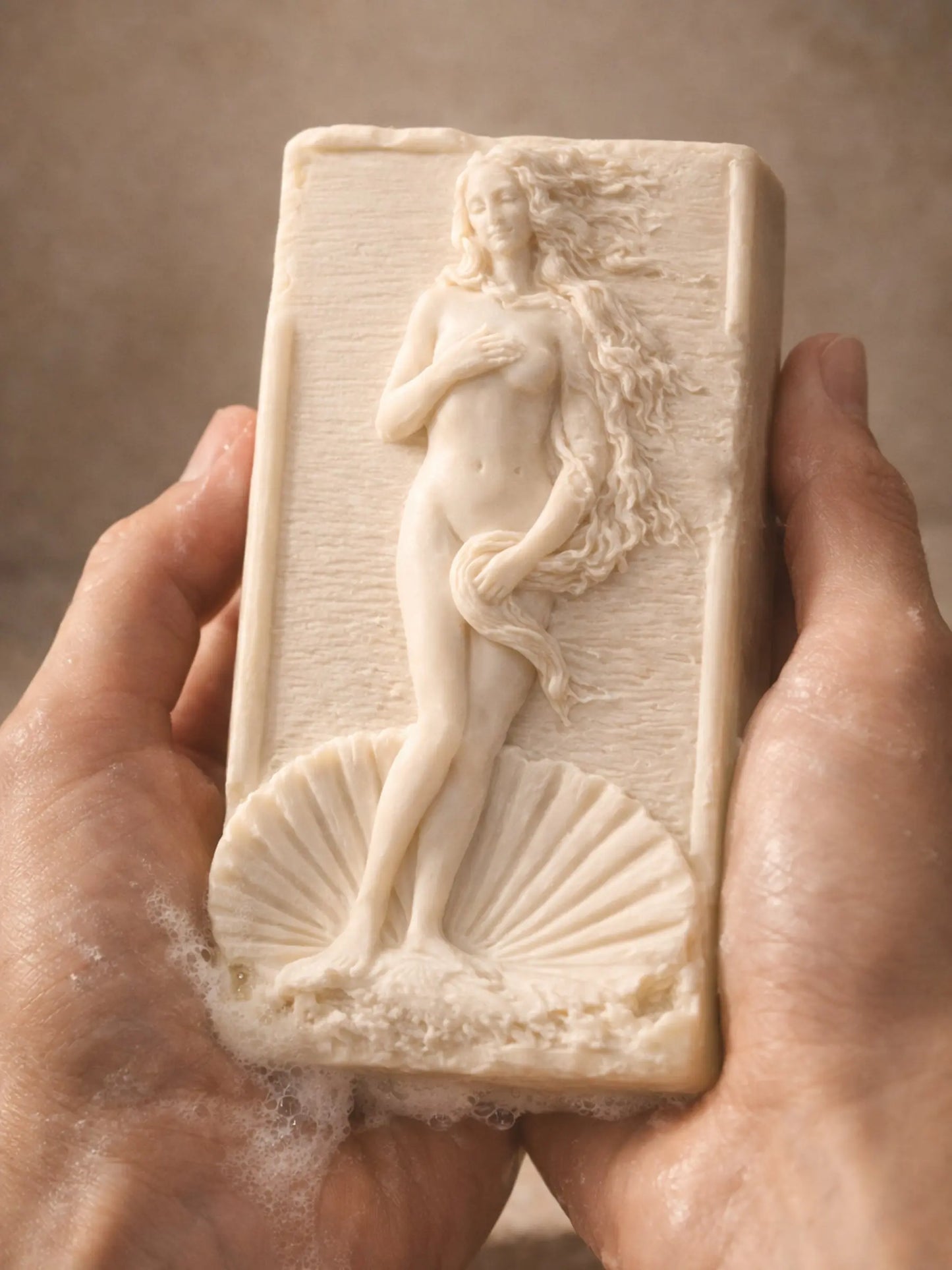 Hand holding Anadyomene jasmine olive oil soap with Aphrodite design, luxury artisan soap by DEOS Co.