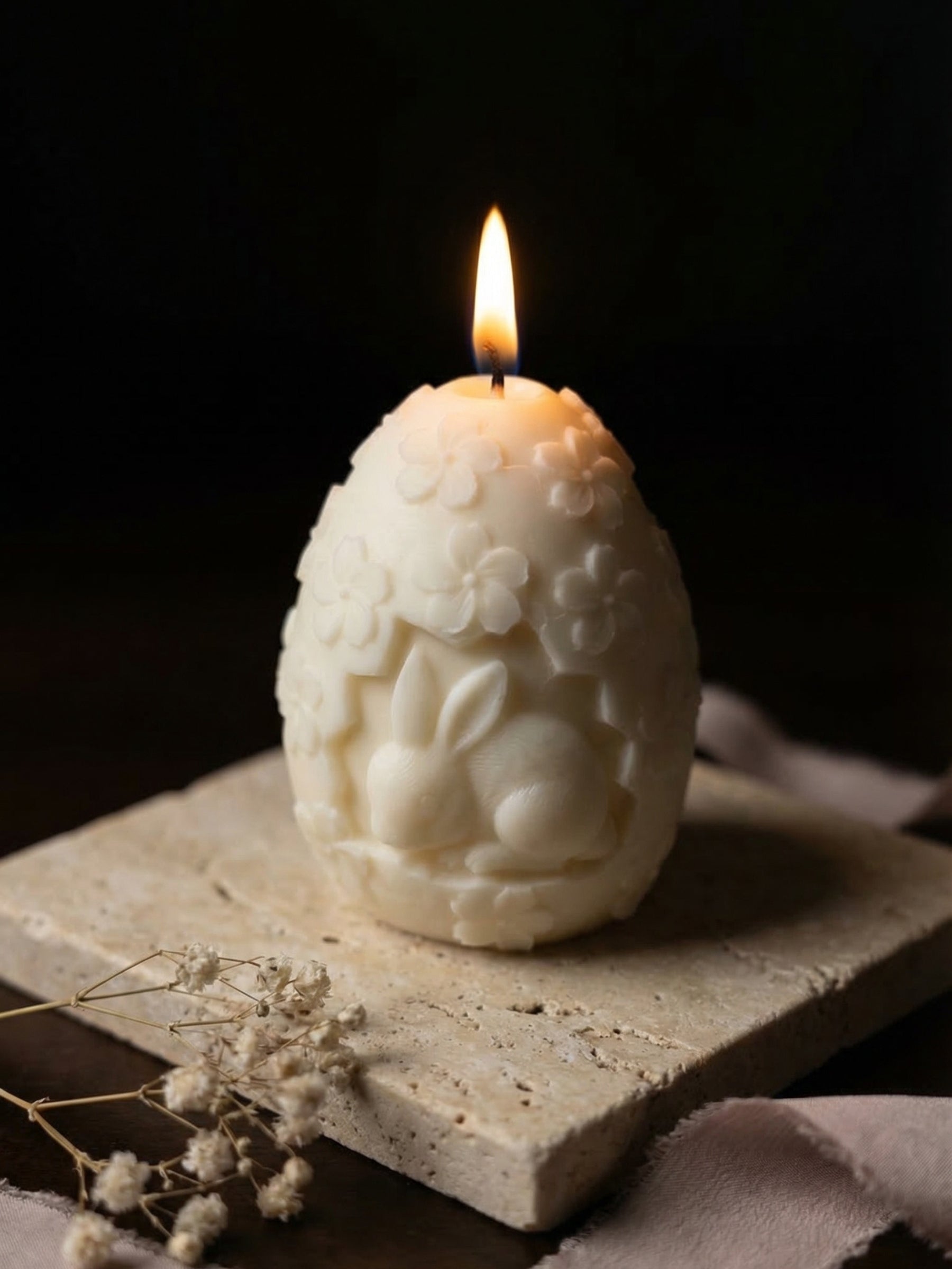 Elegant Easter bunny egg candle in warm setting, sculptural soy wax candle with bunny motif and soft glow