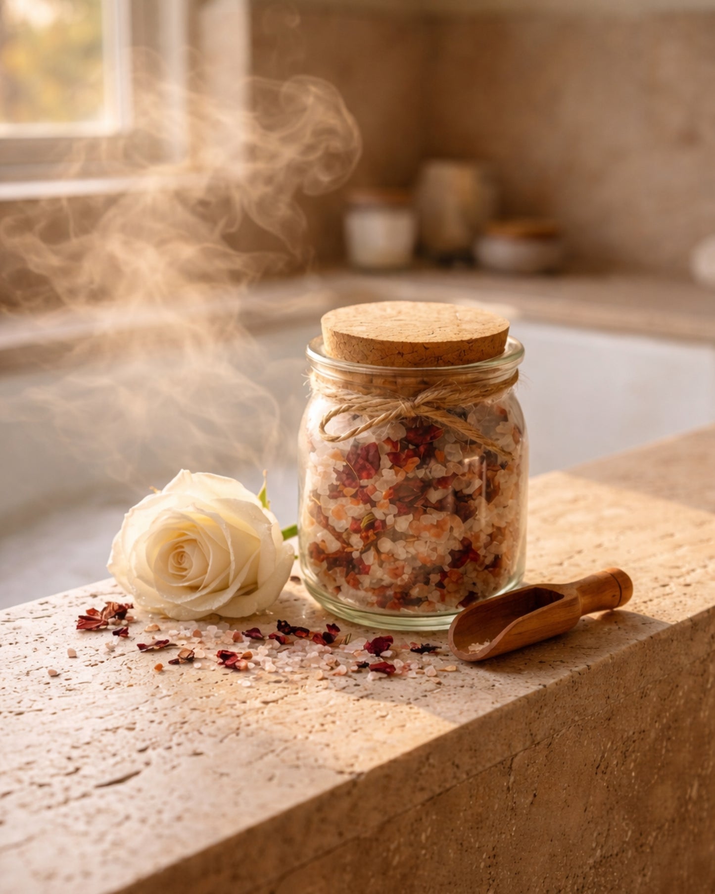 Jar of bath salts with a rose and scoop on a stone surface, steam rising from the jar by DEOSCO
