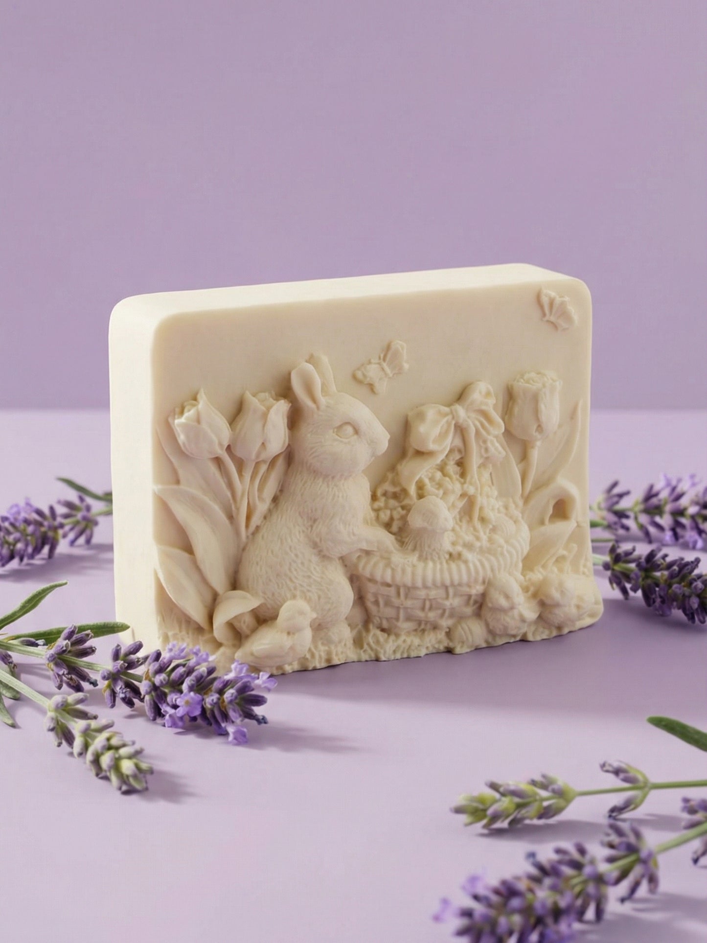 DEOS Co. THALÉA premium olive oil and lavender bunny soap photographed on soft lilac background with fresh lavender botanical styling
