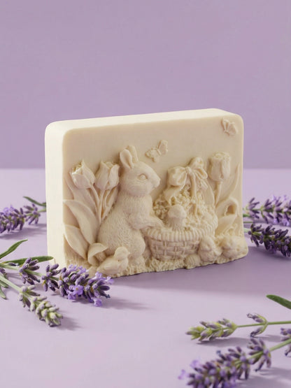 DEOS Co. THALÉA premium olive oil and lavender bunny soap photographed on soft lilac background with fresh lavender botanical styling
