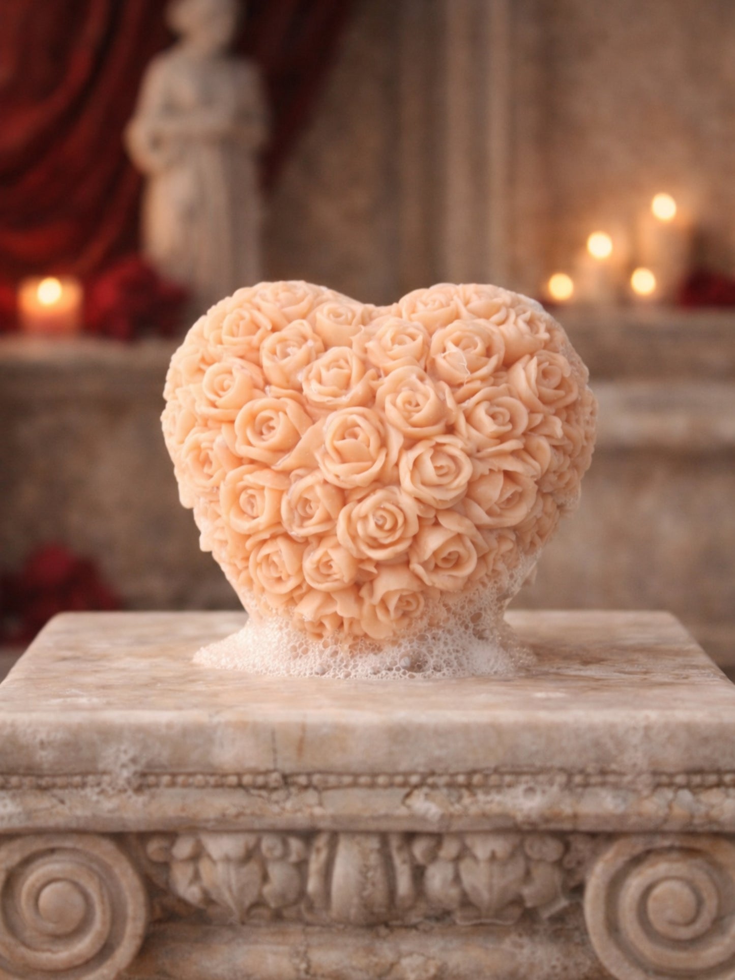 The Fleur Heart Petite Bloom soap made of rose geranium and greek olive oil and vanilla essential oil displayed on classical ancient Greece inspired pedestal, Valentine’s Day Collection by DEOS Co.