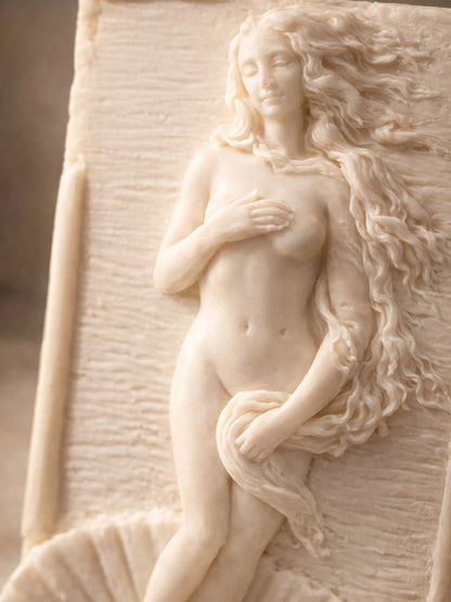 Close-up of Aphrodite sculpture detail on jasmine olive oil soap, handcrafted artistic soap by DEOS Co.