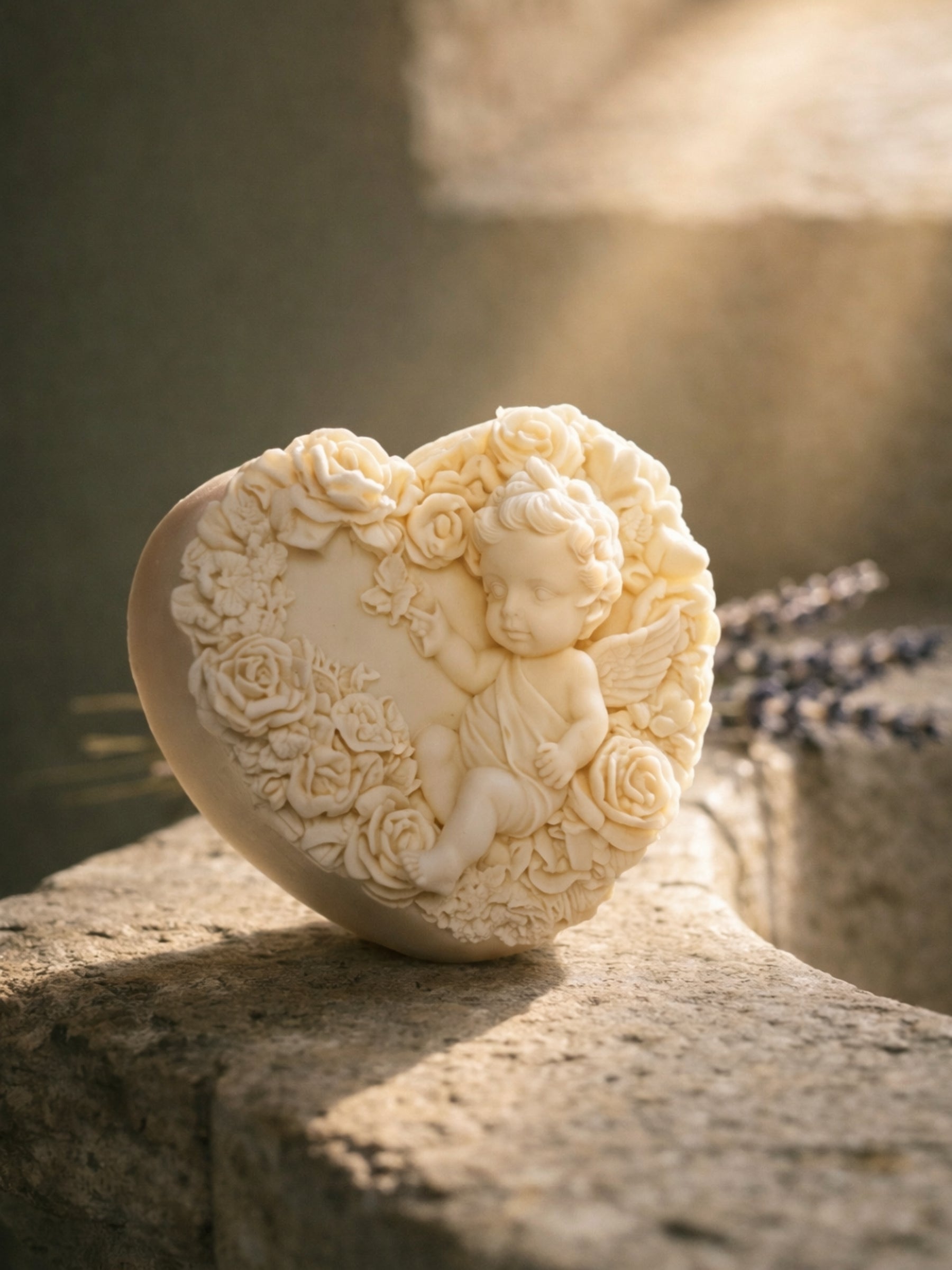 heart-shaped soap with angel and floral design on a stone surface by deosco - the eros angel nardus bliss soap by DEOS CO
The Eros Angel — Pure Olive Oil & Lavender Soap | Nardus Bliss Collection