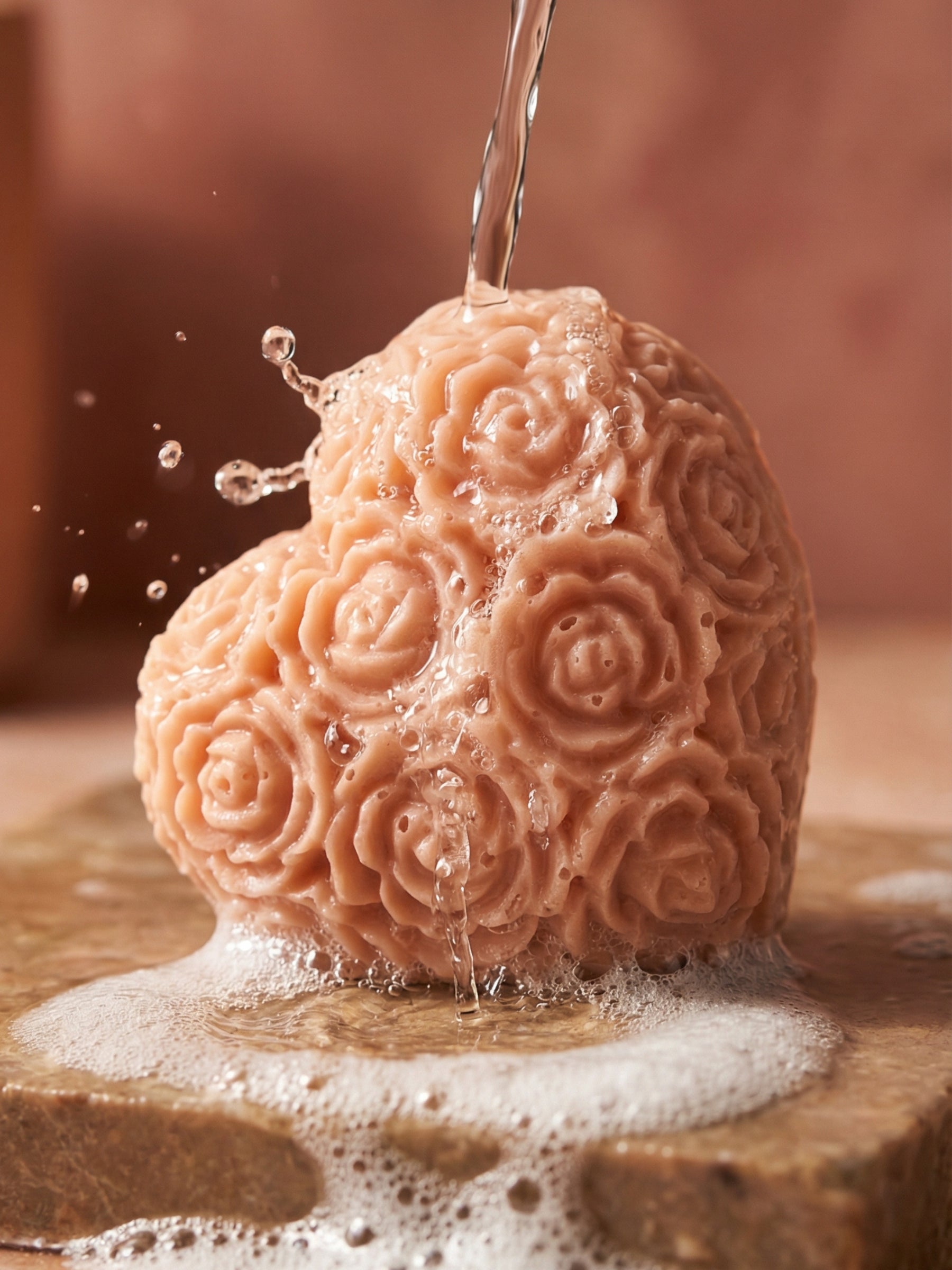 The Fleur Heart Grand Bloom Valentine’s Day soap under flowing water, showcasing sculpted floral heart design and natural finish by DEOS CO
