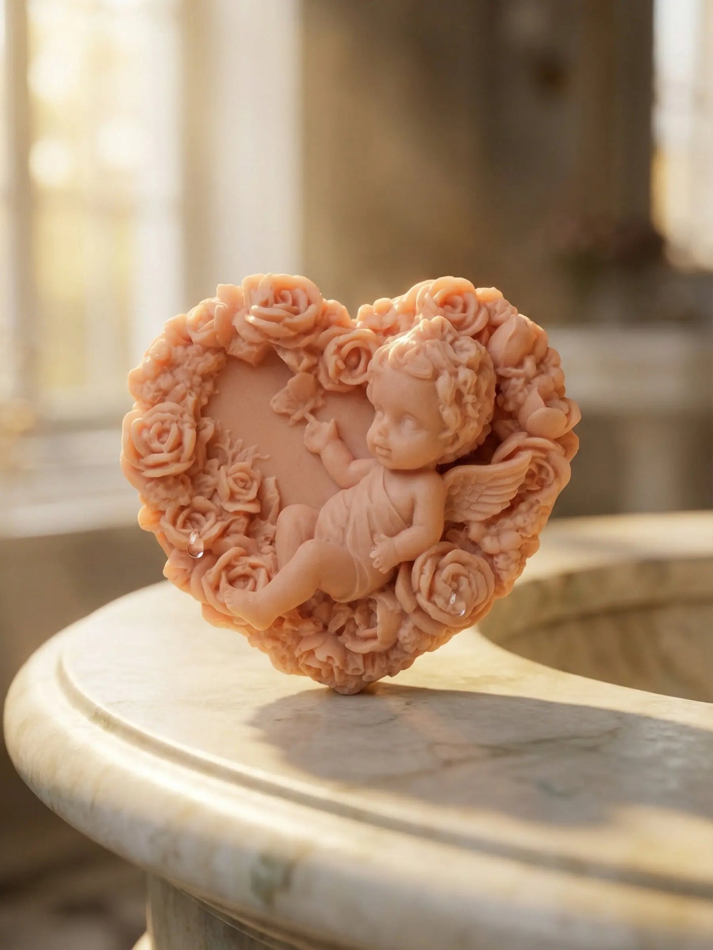 Eros Angel Valentine’s Day Edition soap displayed on marble pedestal, inspired by classical sculpture and timeless romance by DEOS CO