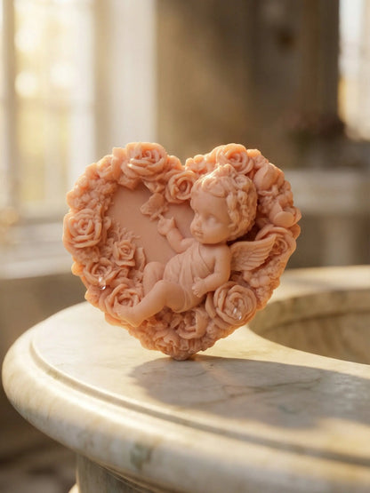 Eros Angel Valentine’s Day Edition soap displayed on marble pedestal, inspired by classical sculpture and timeless romance by DEOS CO