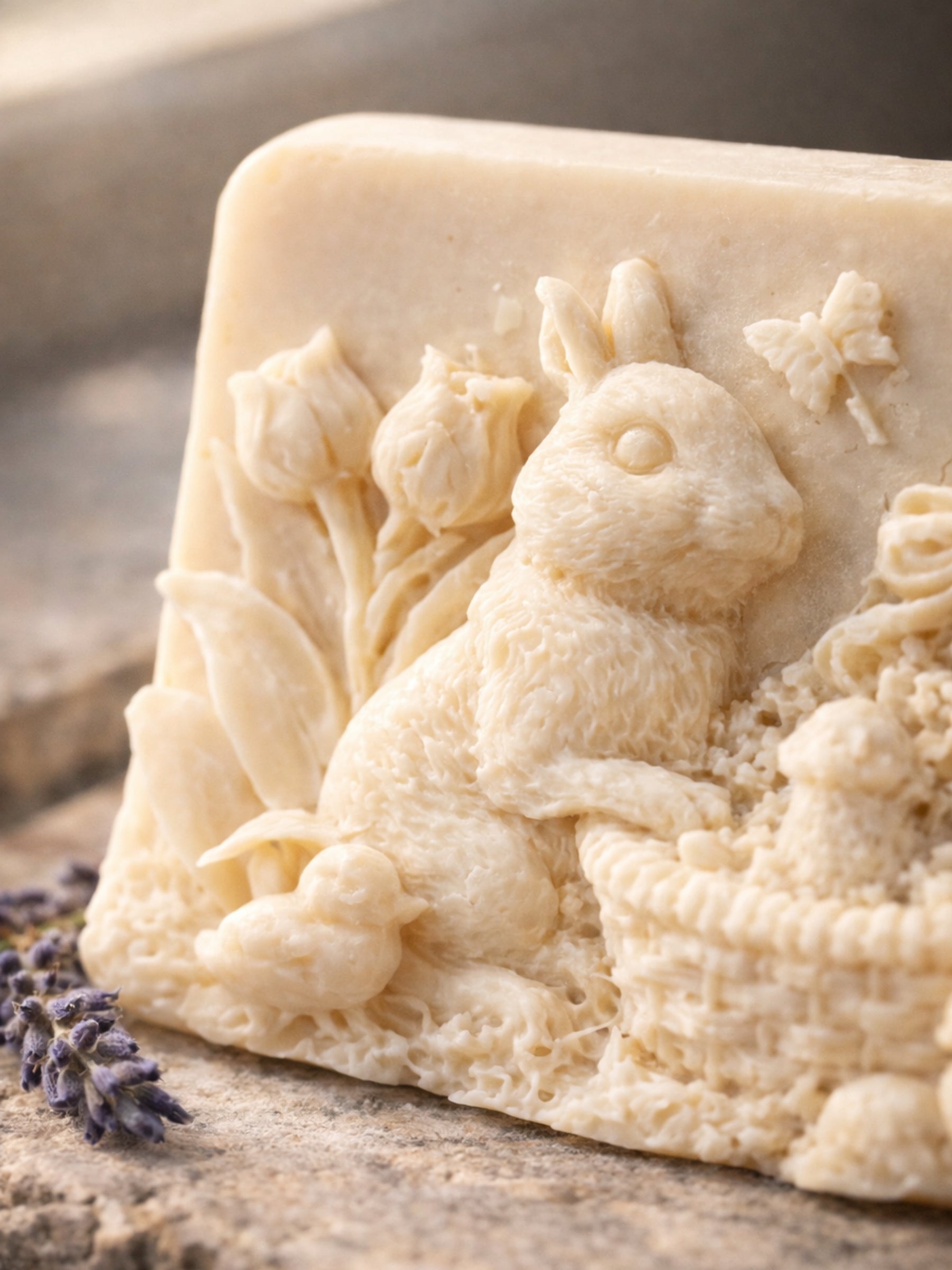 Close-up detail of DEOS Co. THALÉA olive oil lavender bunny soap highlighting intricate relief carving and creamy natural soap texture