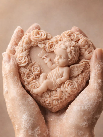 Handcrafted Eros Angel heart-shaped soap with sculpted cherub, held in lathered hands, Rose Geranium & Vanilla, Valentine’s Collection by DEOS Co.