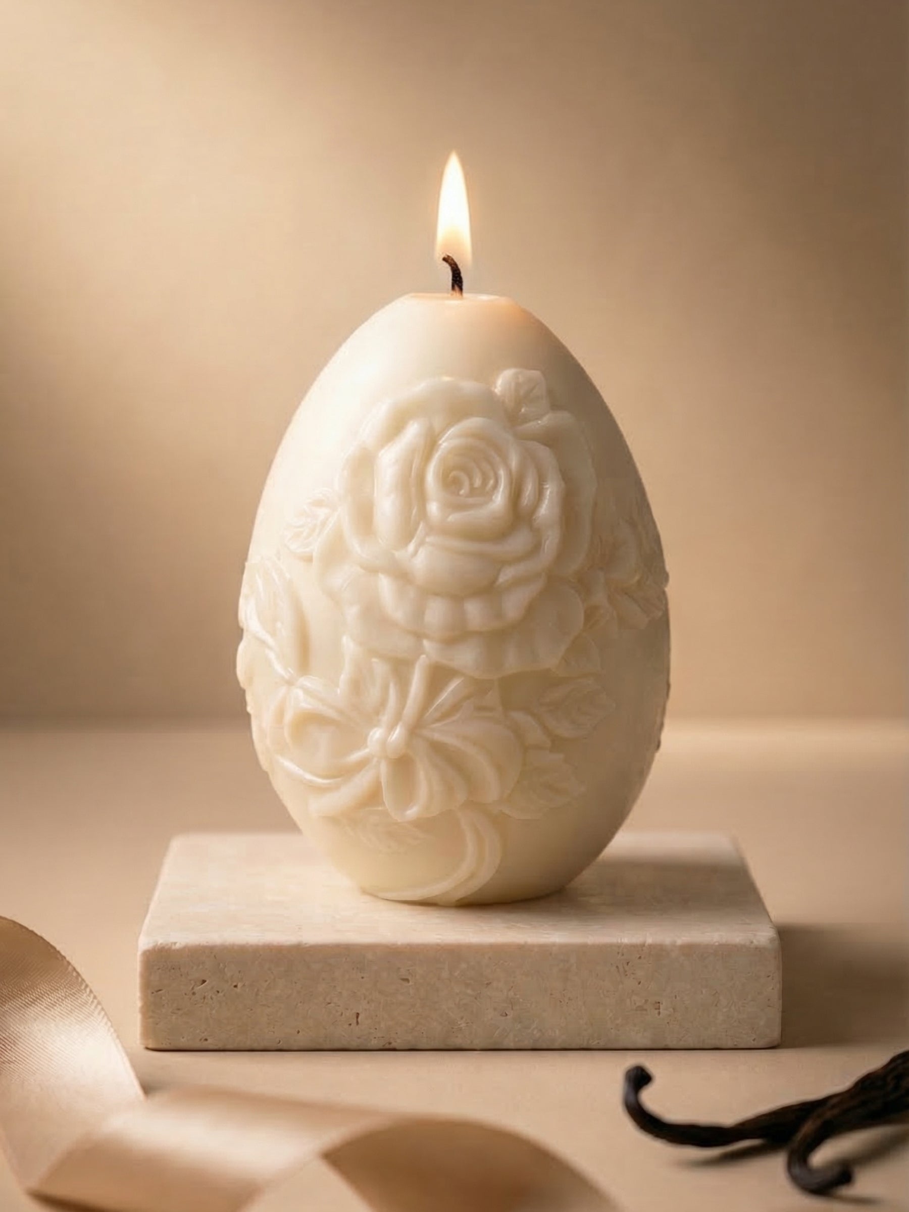 Luxury Easter egg sculptural candle lit, Nectar of Elysium honey vanilla soy wax candle with floral design in minimal setting