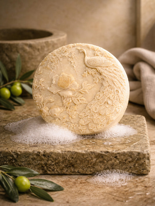 The Hera Peacock olive oil and lavender soap by DEOS Co., round sculpted bar with peacock and floral relief, displayed on stone with natural soap foam and green olives, Nardus Bliss Collection