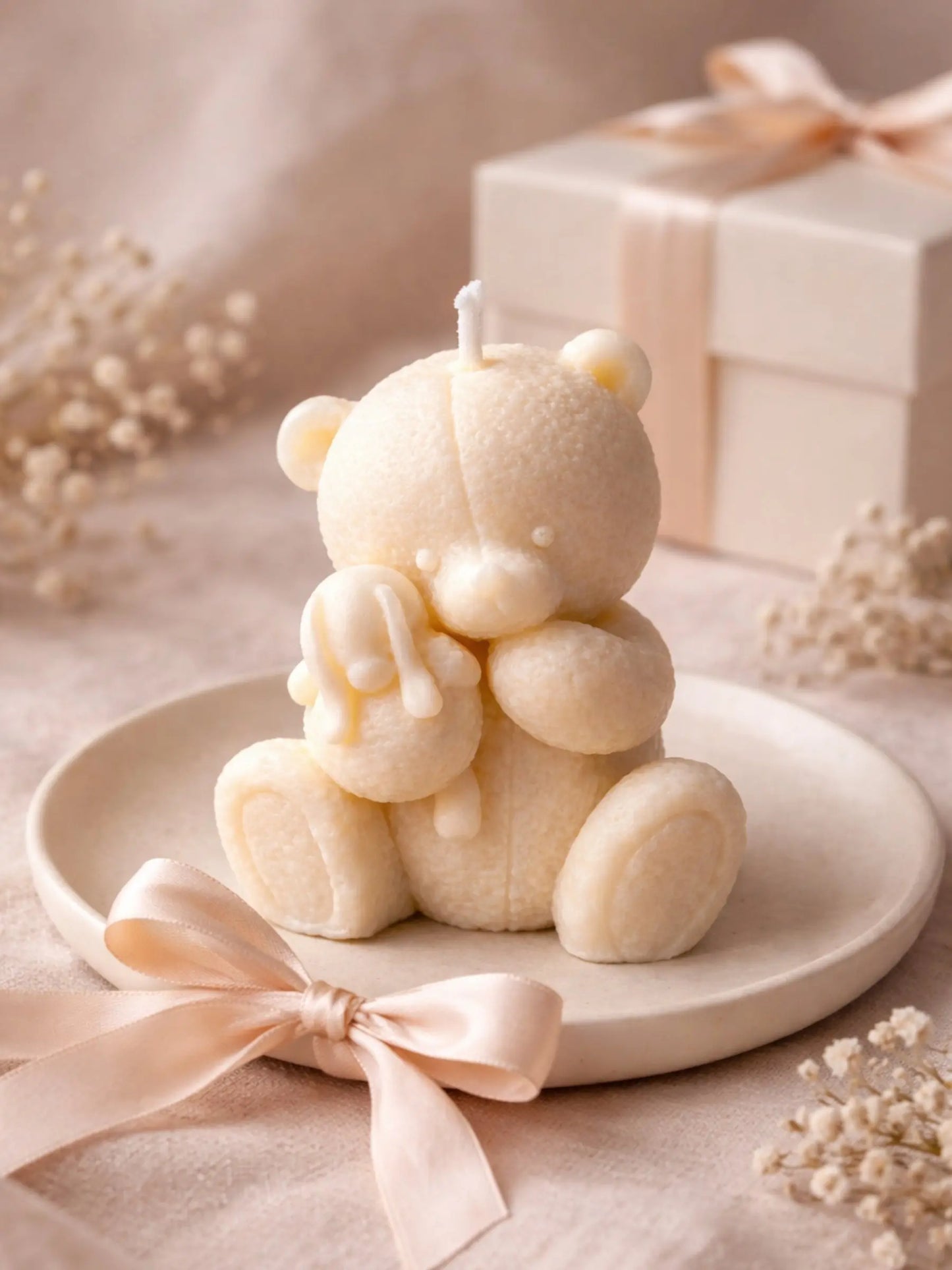 Gift-ready Elior teddy bear soy candle with ribbon and box, romantic Valentine’s Day candle gift idea by deos co