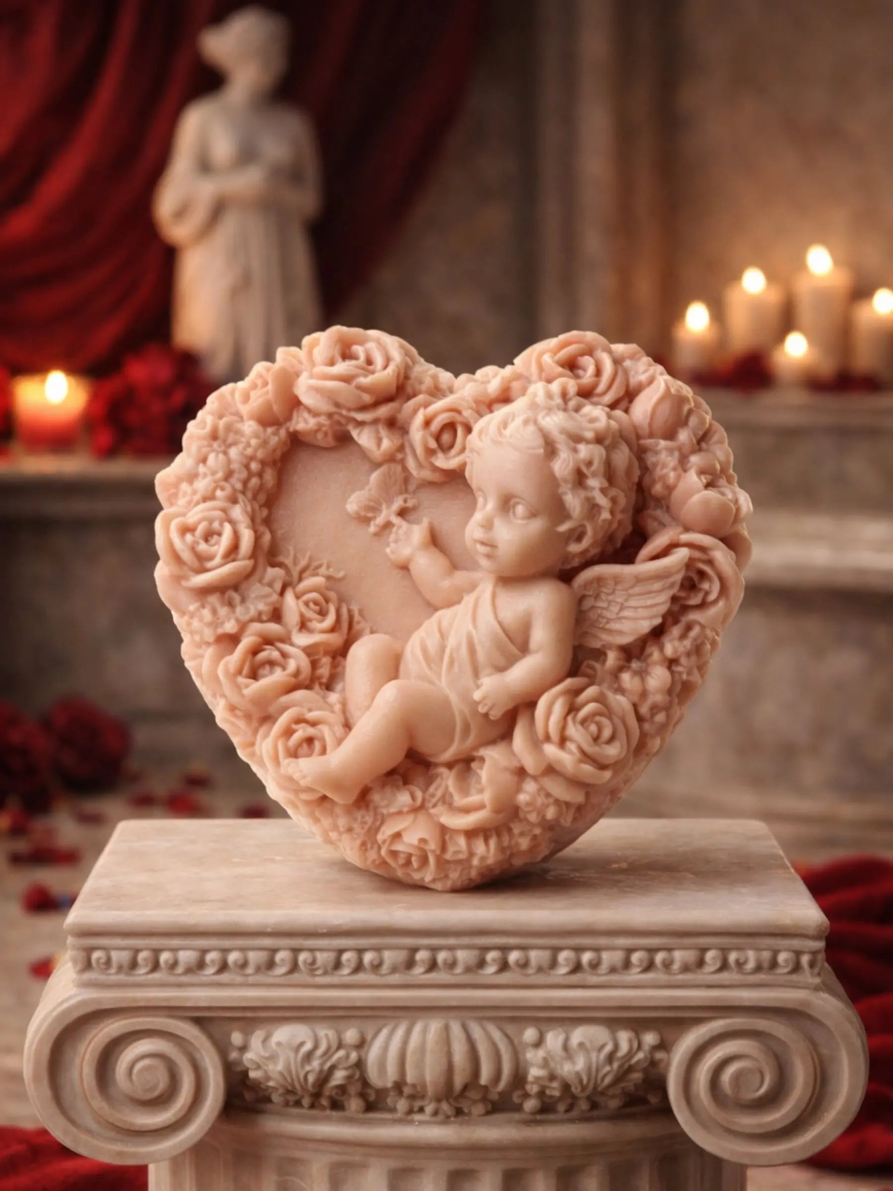 Luxury editorial image of Eros Angel sculpted heart soap on classical pedestal, Valentine’s Day Collection by DEOS Co.