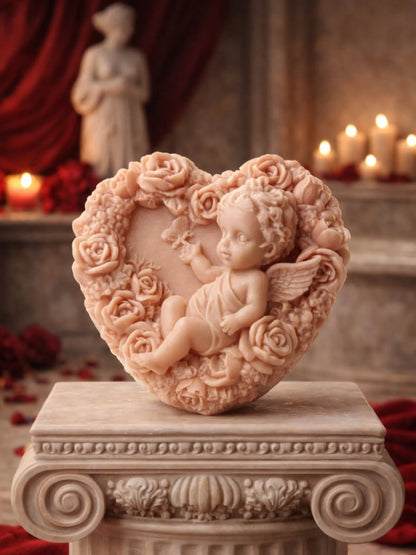 Luxury editorial image of Eros Angel sculpted heart soap on classical pedestal, Valentine’s Day Collection by DEOS Co.