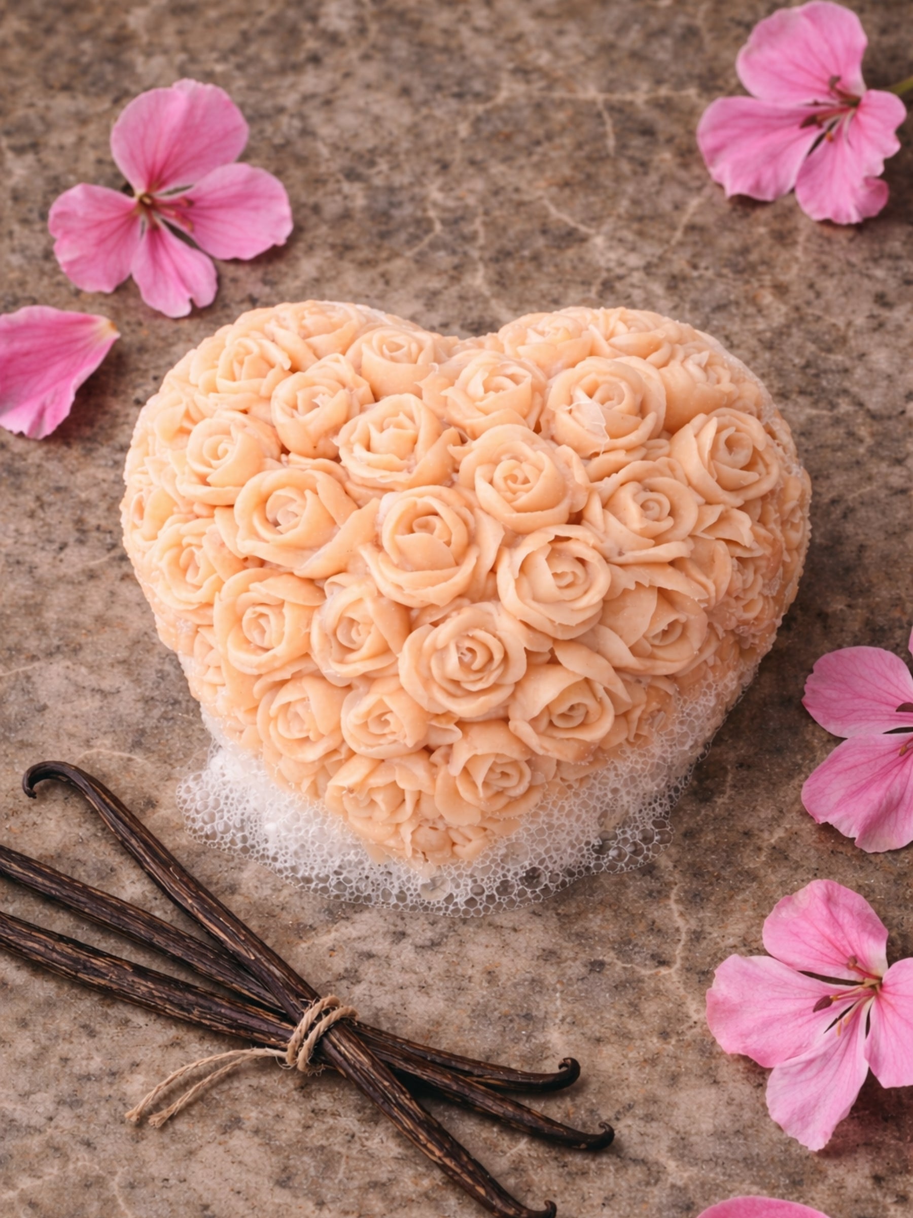 Fleur Heart Petite Bloom rose geranium soap Valentine’s Day soap with rose geranium flowers and vanilla pods, natural romantic soap by DEOS CO
