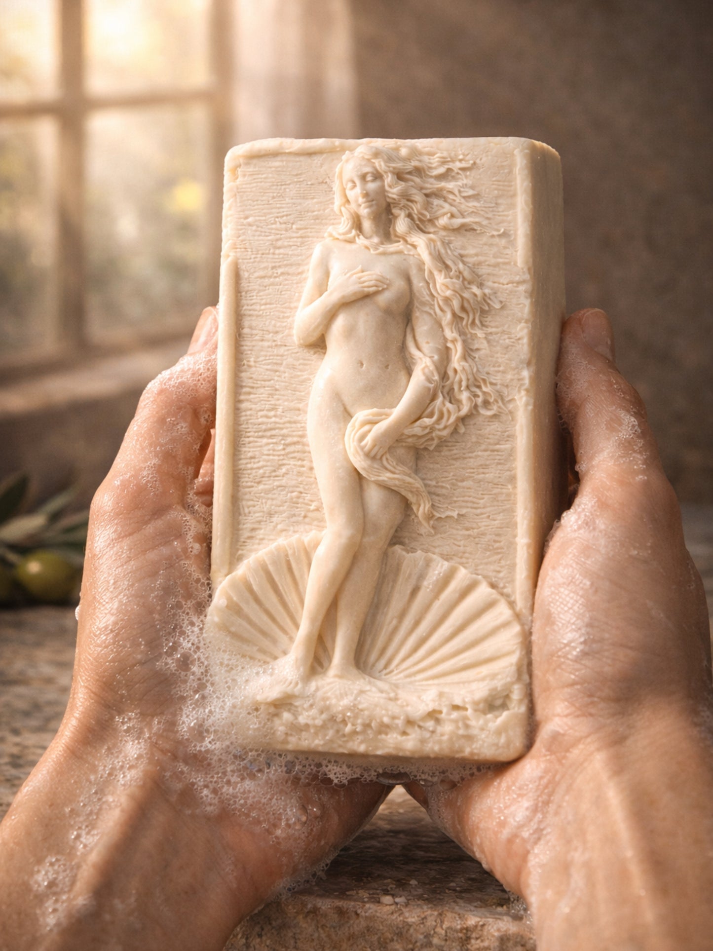 Olive oil and lavender soap with Aphrodite relief held in foamy hands, showing real use and creamy lather.