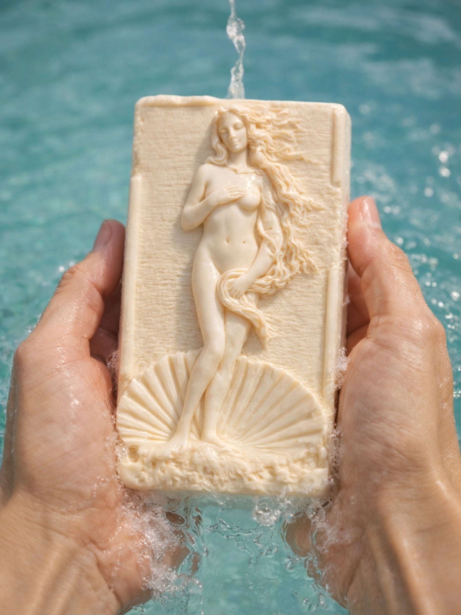 Handcrafted olive oil and lavender soap bar featuring Aphrodite Anadyomene relief, held in hands with water and gentle foam by DEOS Co.