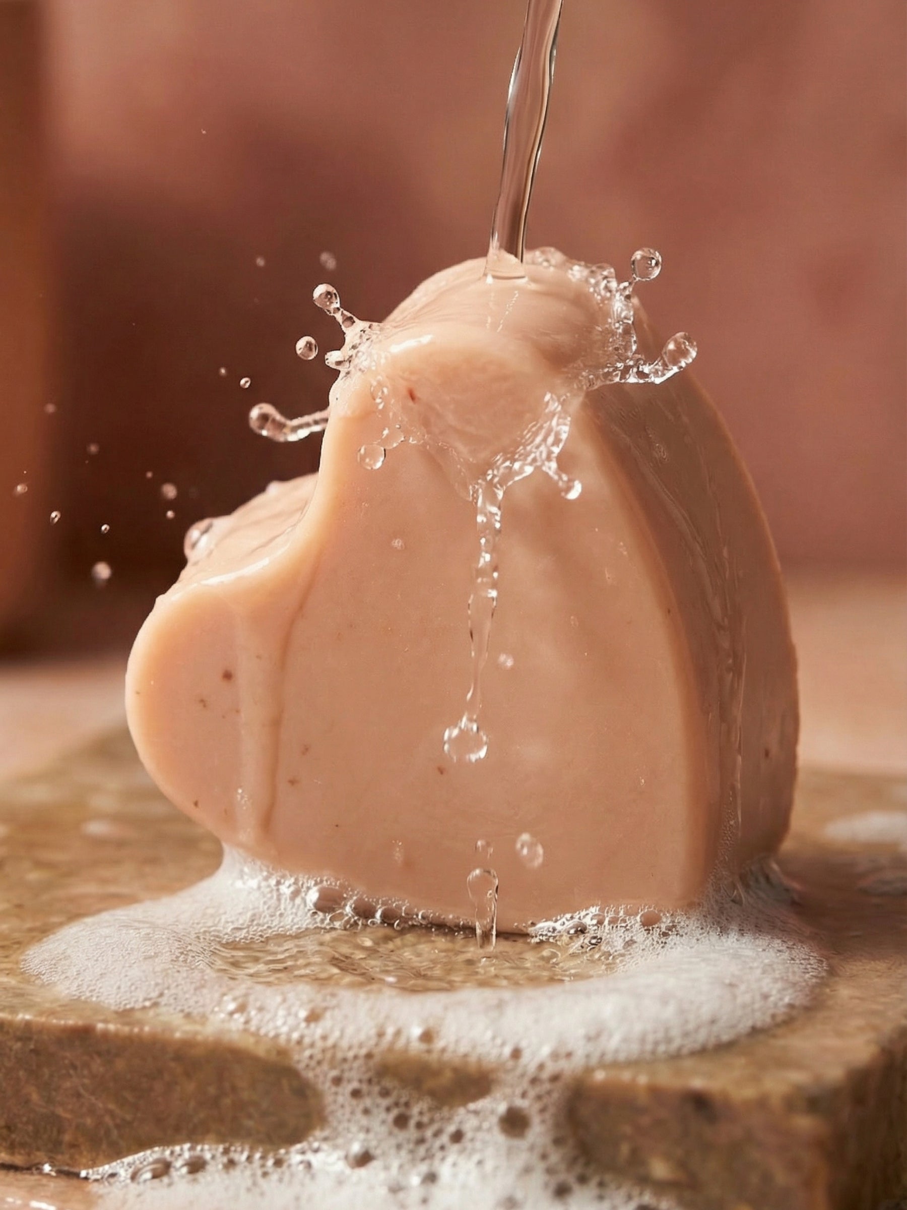 AGĀPE heart-shaped soap by DEOS Co. with rose geranium and vanilla, handcrafted natural luxury soap under flowing water Valentine's Day Soap
