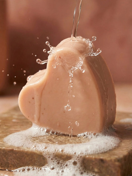 AGĀPE heart-shaped soap by DEOS Co. with rose geranium and vanilla, handcrafted natural luxury soap under flowing water Valentine's Day Soap
