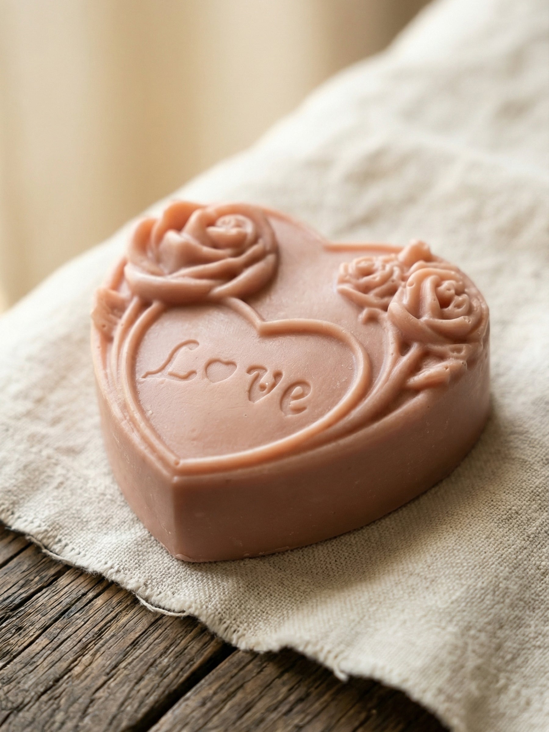 AMOREA heart-shaped rose soap resting on linen cloth, handmade Valentine’s Day gift soap with rose geranium and vanilla