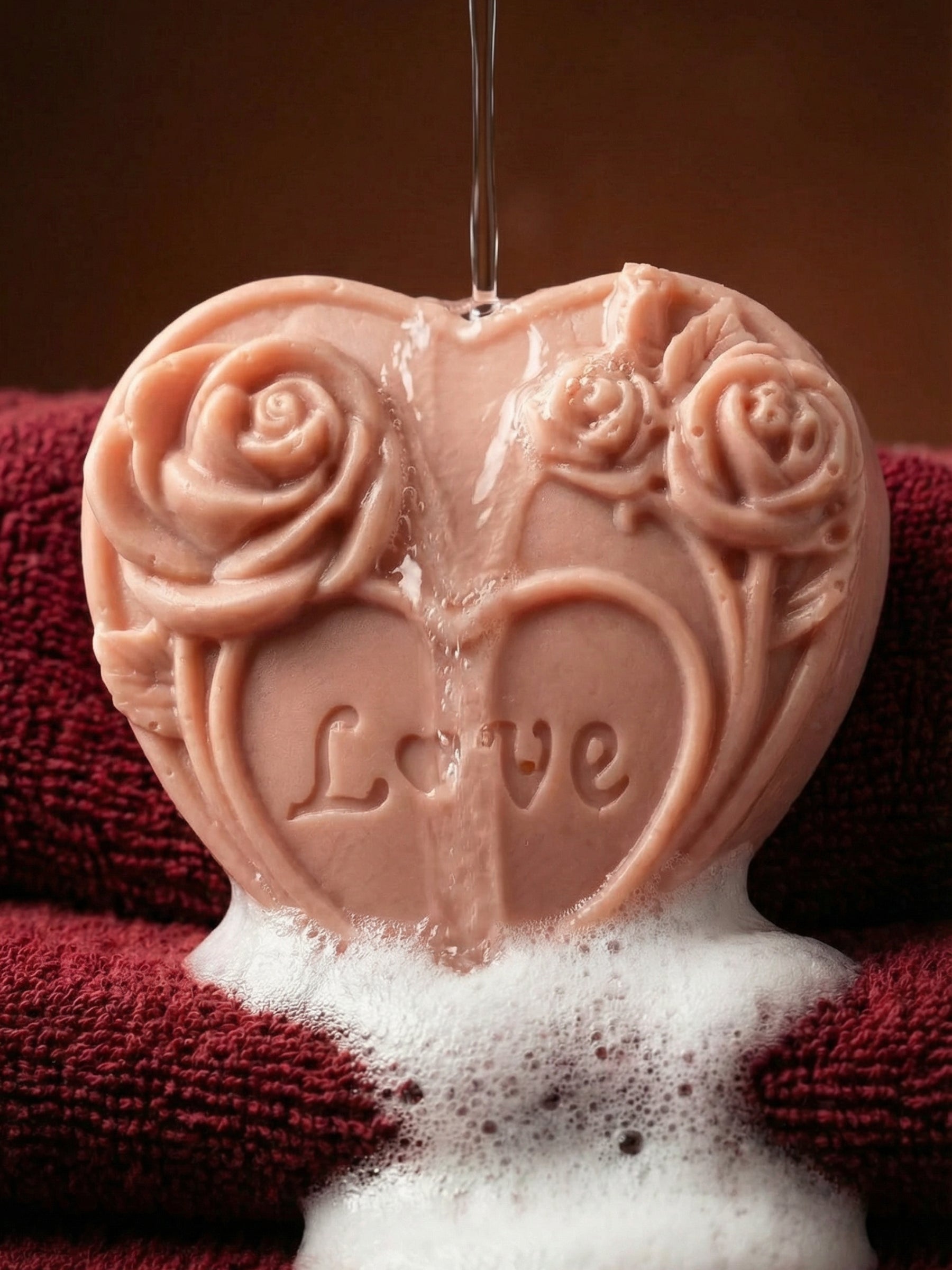 AMOREA heart-shaped soap with carved roses under running water and foam, rose geranium and vanilla natural olive oil soap by Deos Co