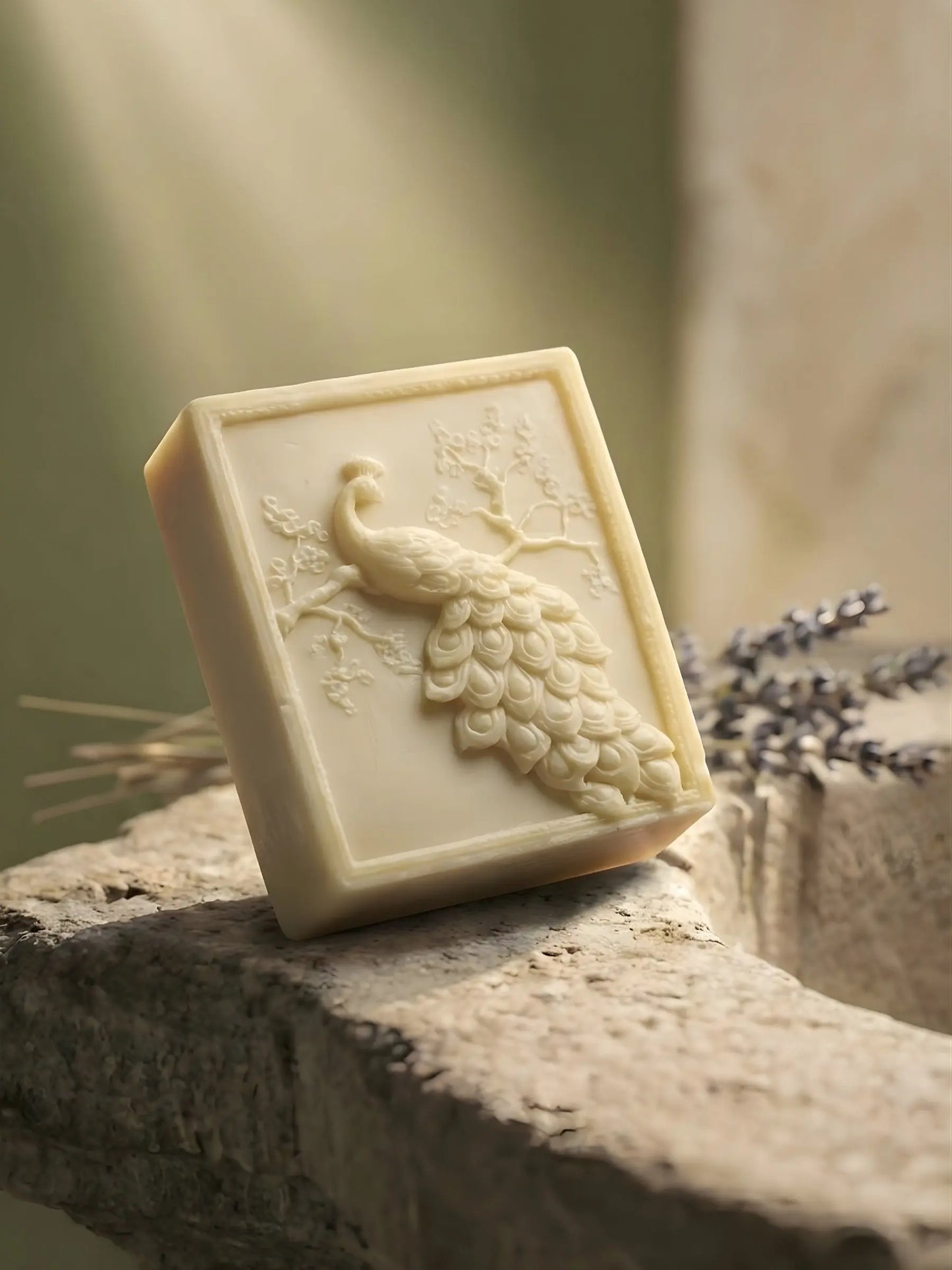 ARGEA peacock olive oil soap with lavender by DEOS Co., sculpted artisan soap from the Nardus Bliss Collection
