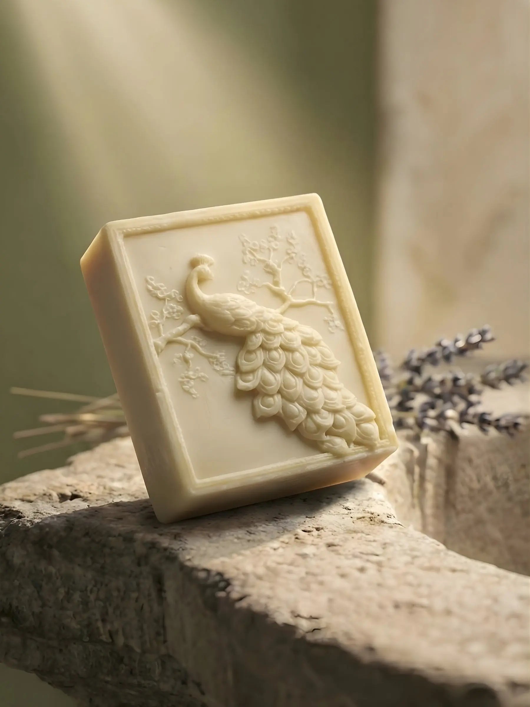 ARGEA peacock olive oil soap with lavender by DEOS Co., sculpted artisan soap from the Nardus Bliss Collection