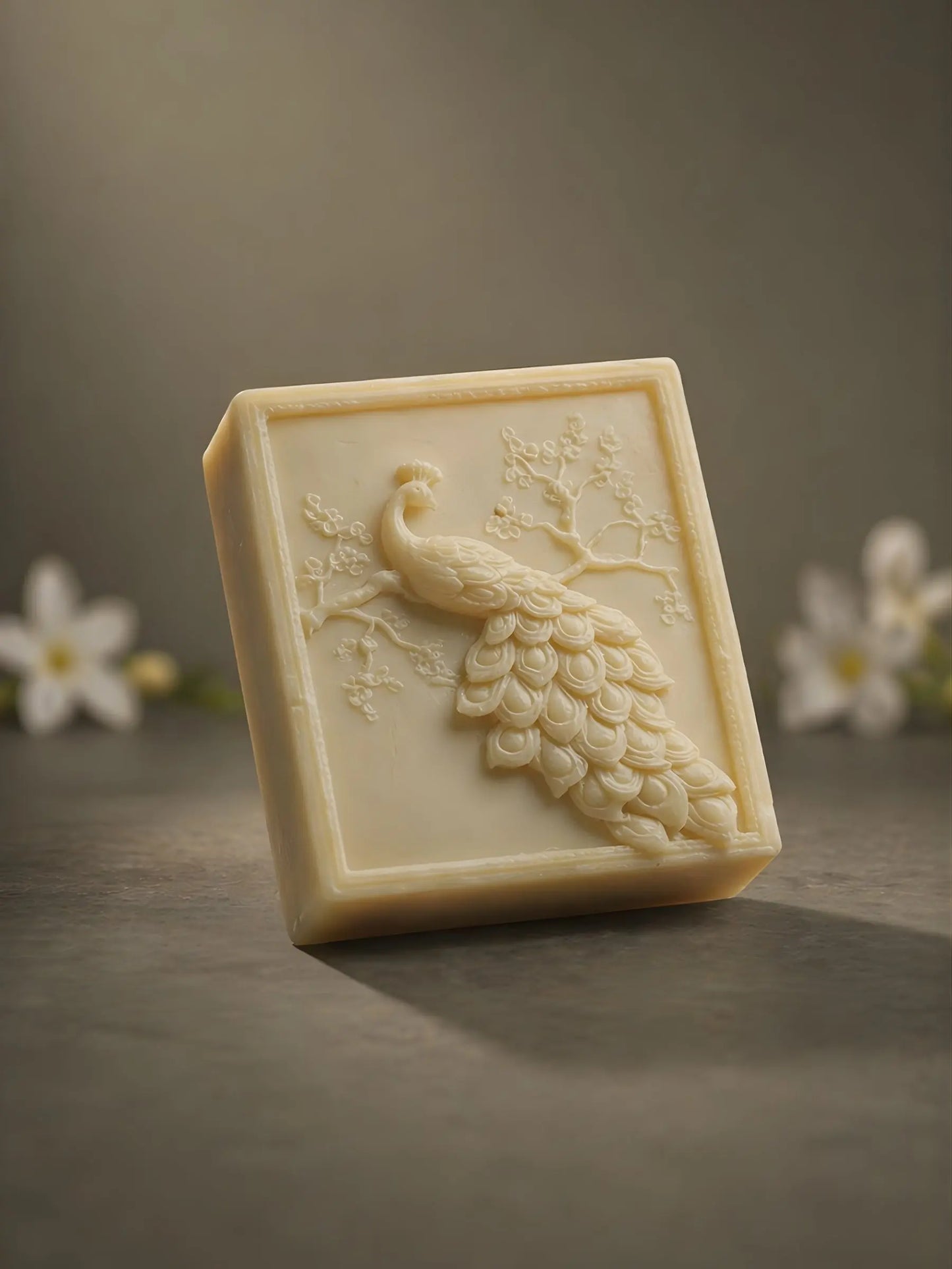 Luxury peacock olive oil & jasmine soap bar on minimal background, sculpted design, elegant natural skincare by DEOS Co.