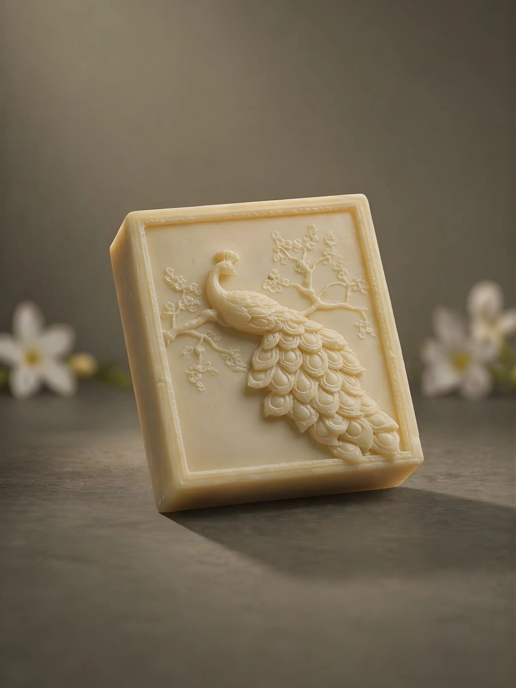 Luxury peacock olive oil & jasmine soap bar on minimal background, sculpted design, elegant natural skincare by DEOS Co.