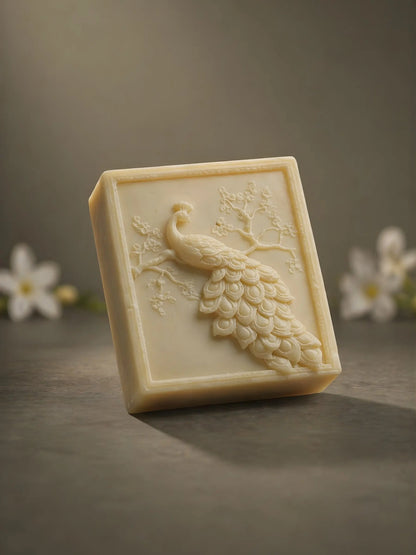 Luxury peacock olive oil & jasmine soap bar on minimal background, sculpted design, elegant natural skincare by DEOS Co.