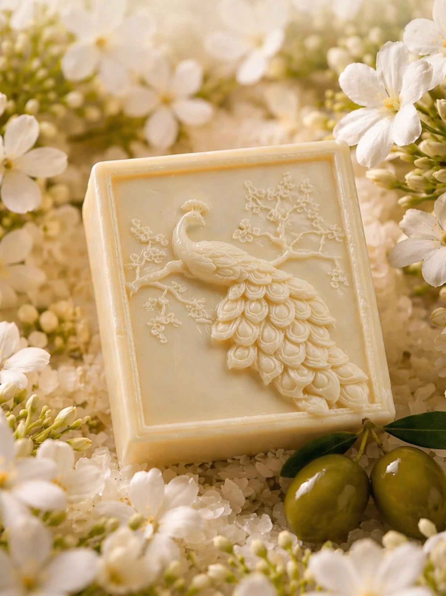 Jasmine olive oil soap with peacock design by DEOS Co., surrounded by white jasmine blossoms and green olives, luxury natural soap bar