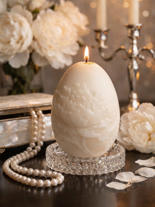 Luxury Easter egg sculptural candle lit in warm setting, Ambrosia Blossom honey vanilla soy wax candle with floral design