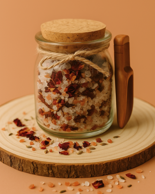 Aphrodite’s Bloom Rose Bath Soak by DEOS Co. — a handcrafted blend of Himalayan and Dead Sea bath salts with organic rose petals, elegantly styled on a warm rose-beige background for a luxurious self-care ritual.