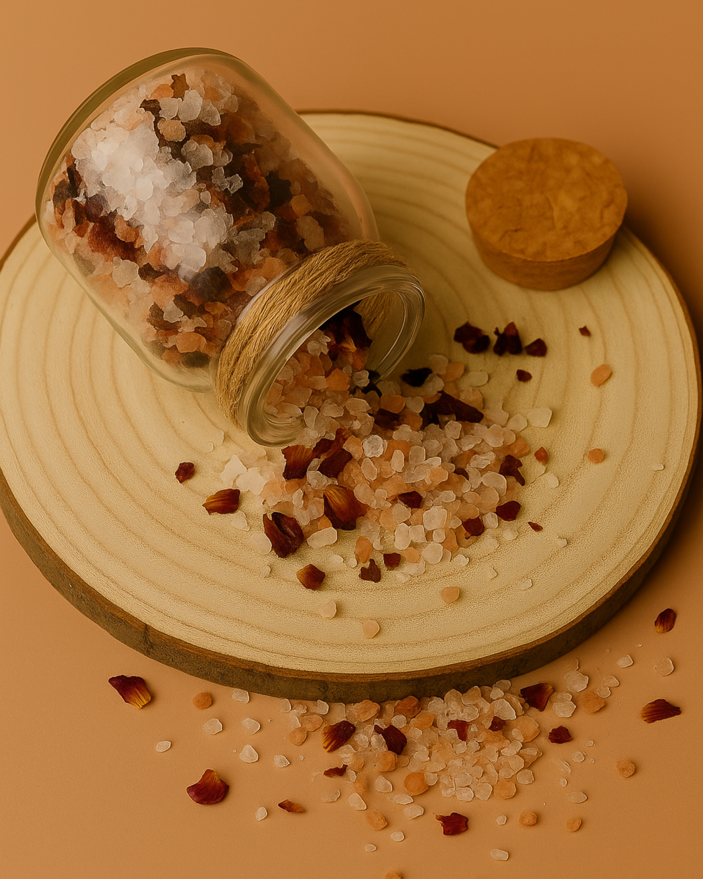 Aphrodite’s Bloom Bath Salts — mineral-rich Himalayan and Dead Sea salts with organic rose petals by DEOS Co., artfully scattered to capture natural elegance.