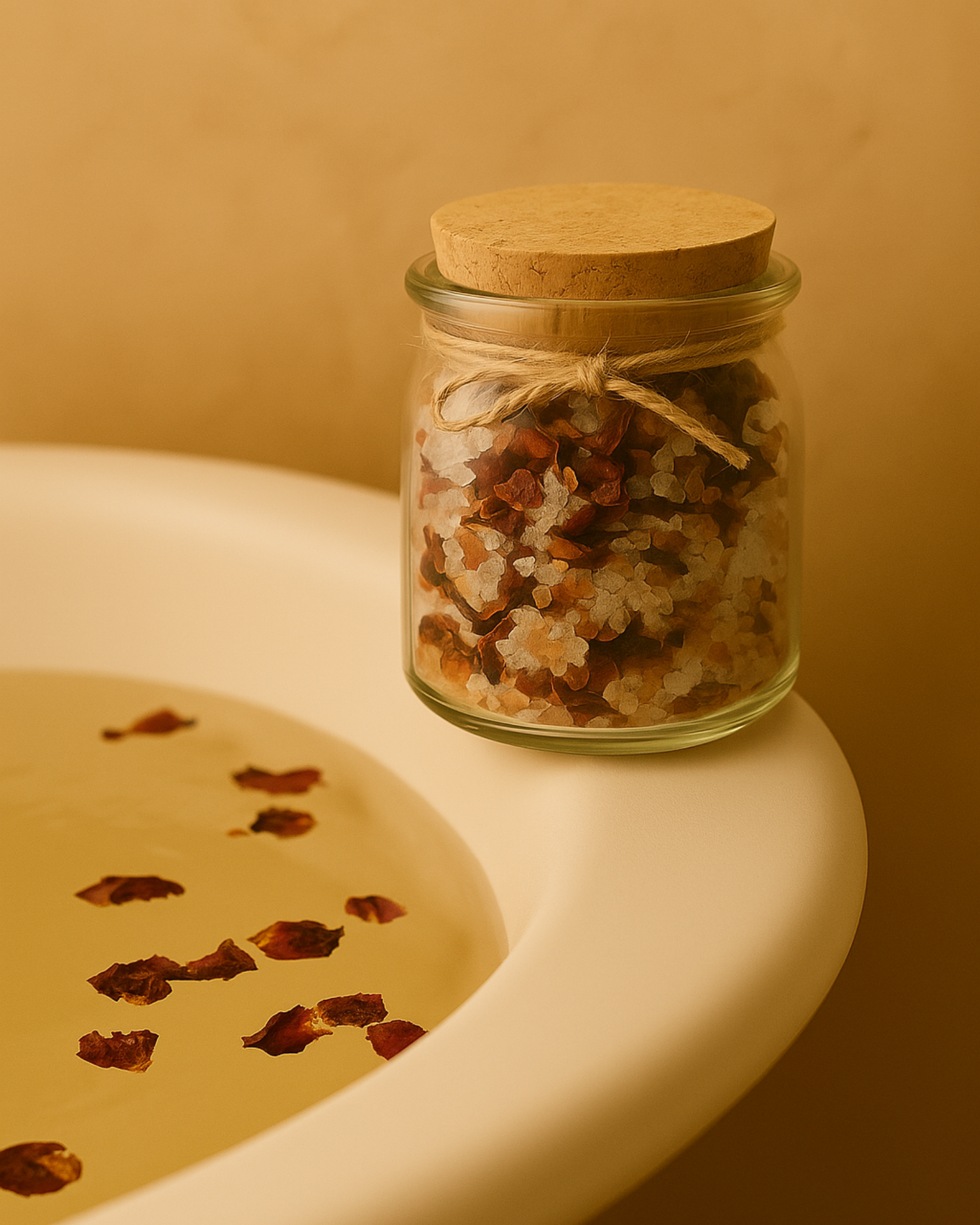 DEOS Co. Aphrodite’s Bloom Bath Soak displayed beside a serene bath filled with floating rose petals — the essence of romantic, natural self-care. Bath Salts