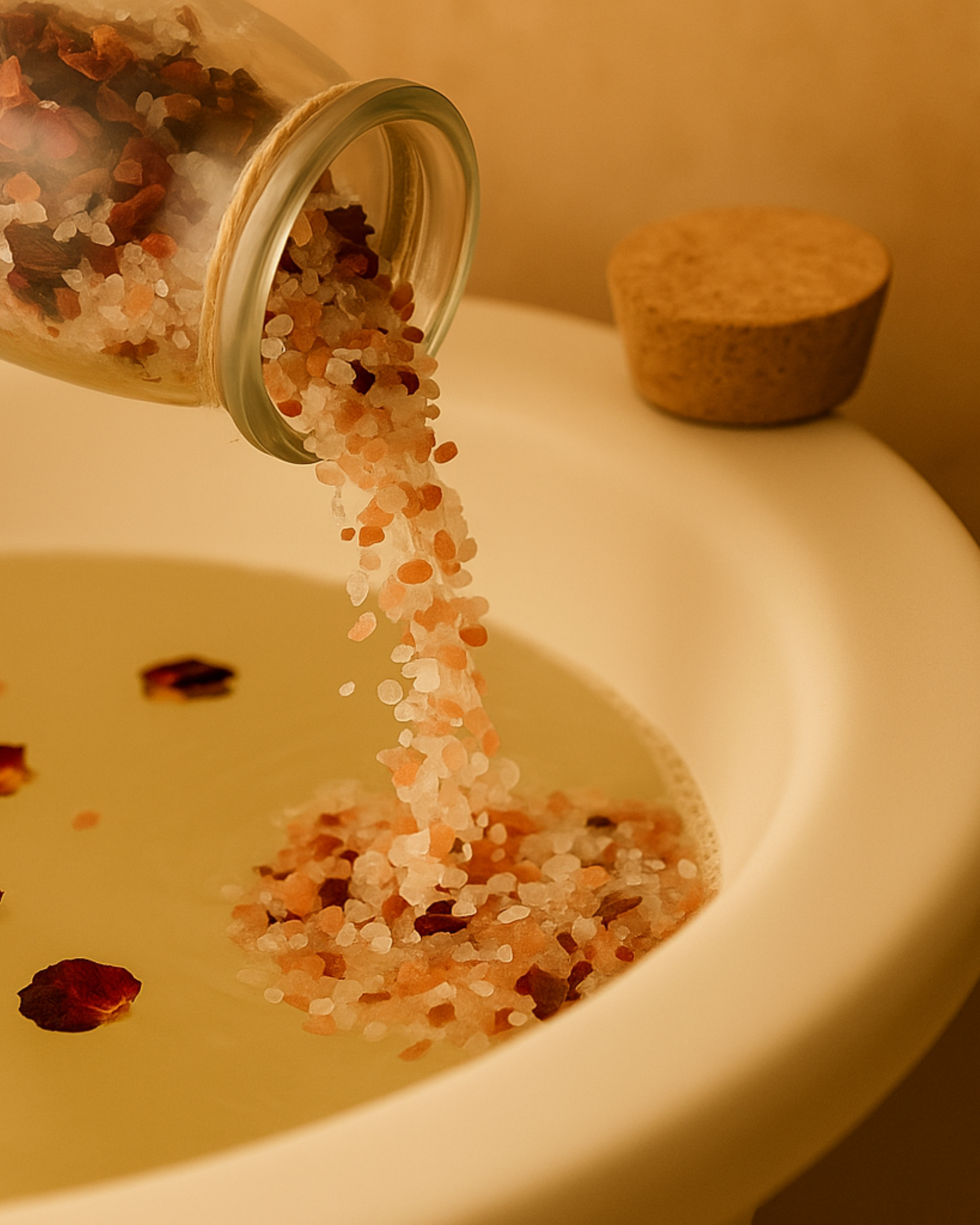Aphrodite’s Bloom Rose Bath Salts by DEOS Co. cascading into a warm bath — a luxurious fusion of Himalayan salts and rose petals for glowing, hydrated skin.
