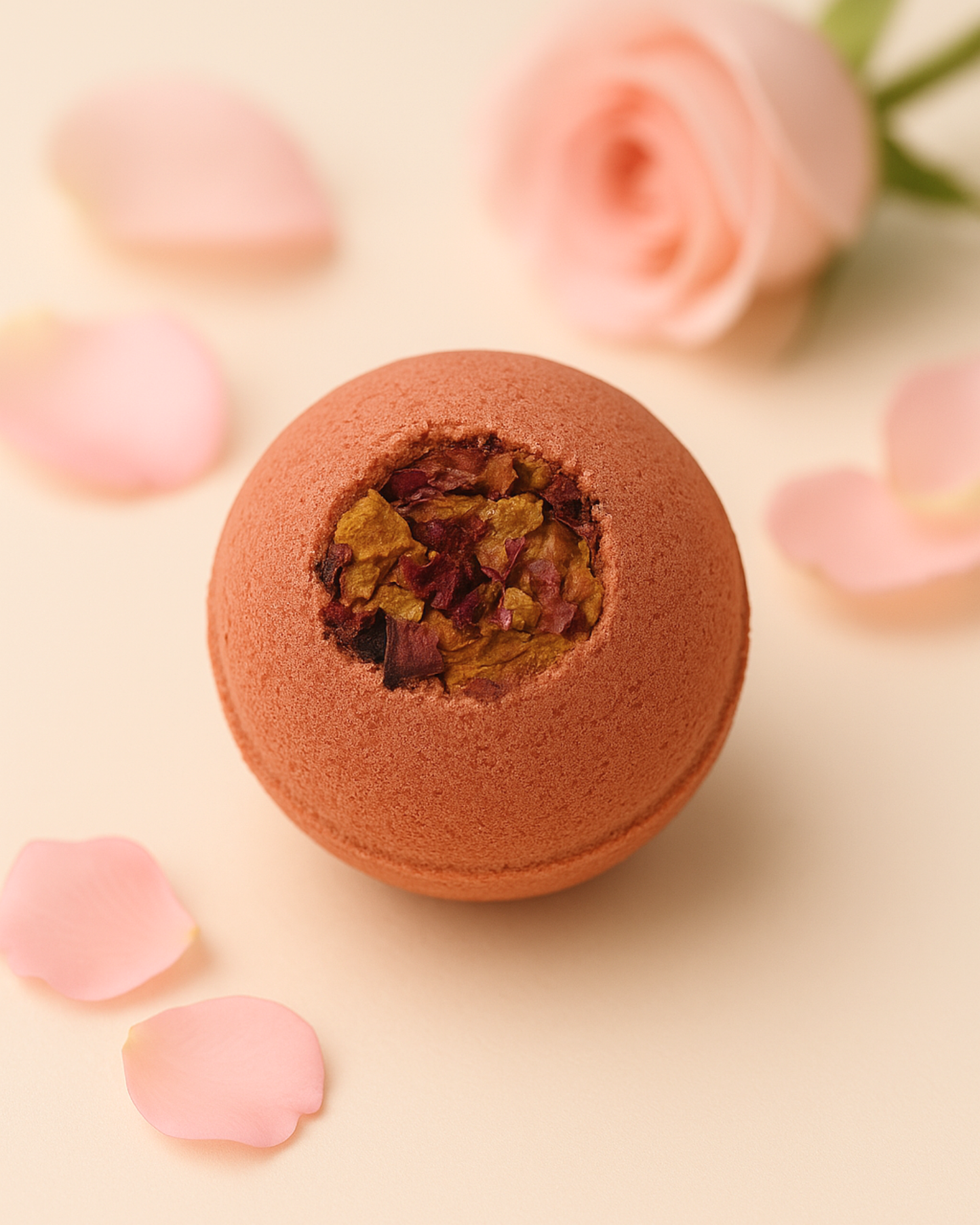 Luxury Aphrodite's Sphere rose bath bomb infused with organic Damask rose petals and natural botanicals — handcrafted by DEOS Co. for soft, hydrated skin.