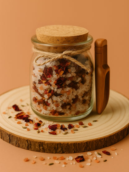 Aphrodite’s Bloom Rose Bath Soak by DEOS Co. — a handcrafted blend of Himalayan and Dead Sea bath salts with organic rose petals, elegantly styled on a warm rose-beige background for a luxurious self-care ritual.