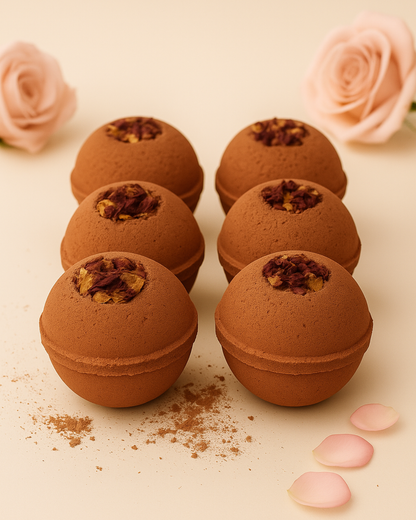Luxury 6-pack Aphrodite's Sphere rose bath bomb set infused with organic Damask rose petals and natural botanicals — handcrafted by DEOS Co. for soft, hydrated skin.