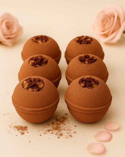 Luxury 6-pack Aphrodite's Sphere rose bath bomb set infused with organic Damask rose petals and natural botanicals — handcrafted by DEOS Co. for soft, hydrated skin.