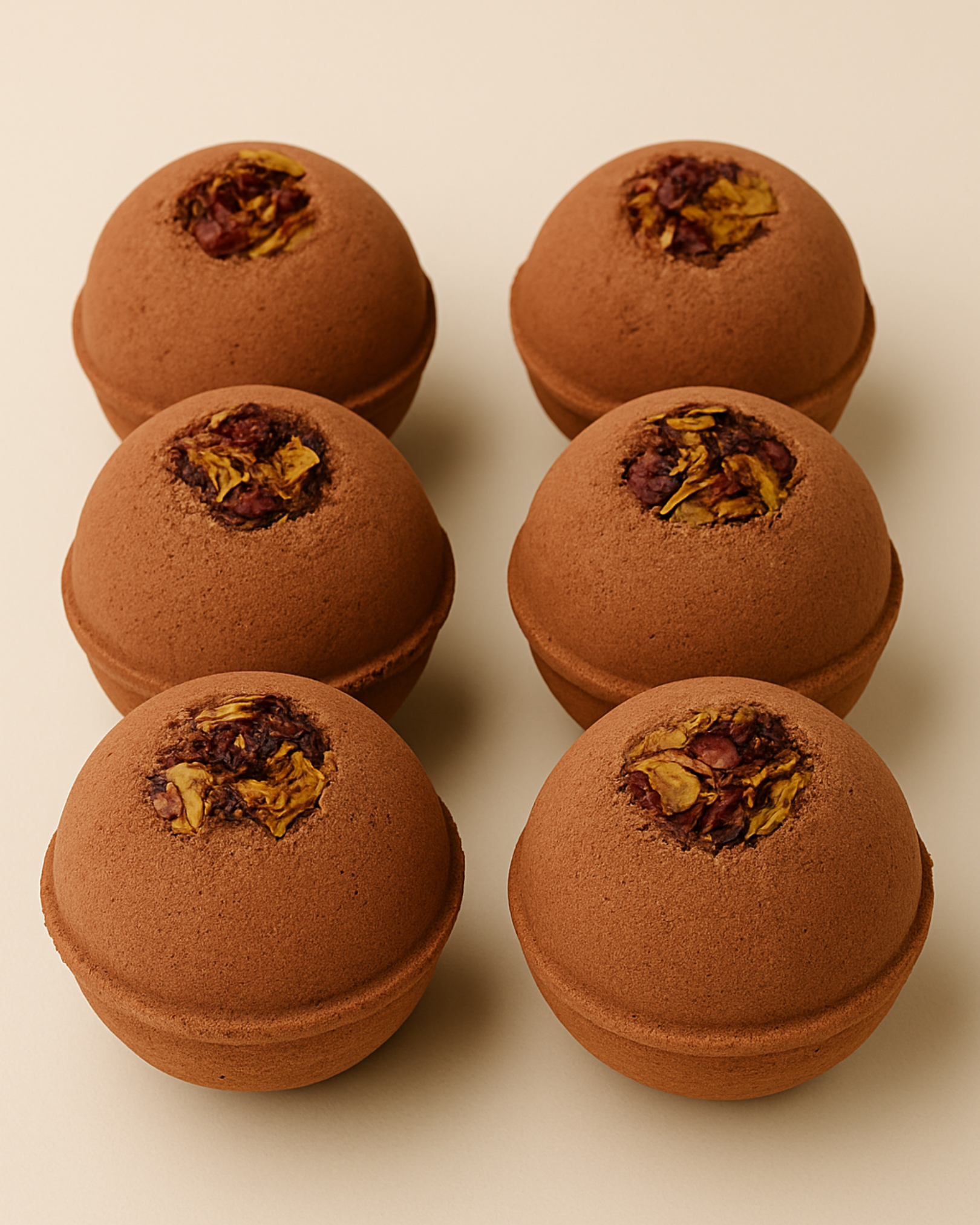 Six brown Deos Co. Aphrodite's Sphere bath bombs with dried flowers on a beige background 6-pack set 