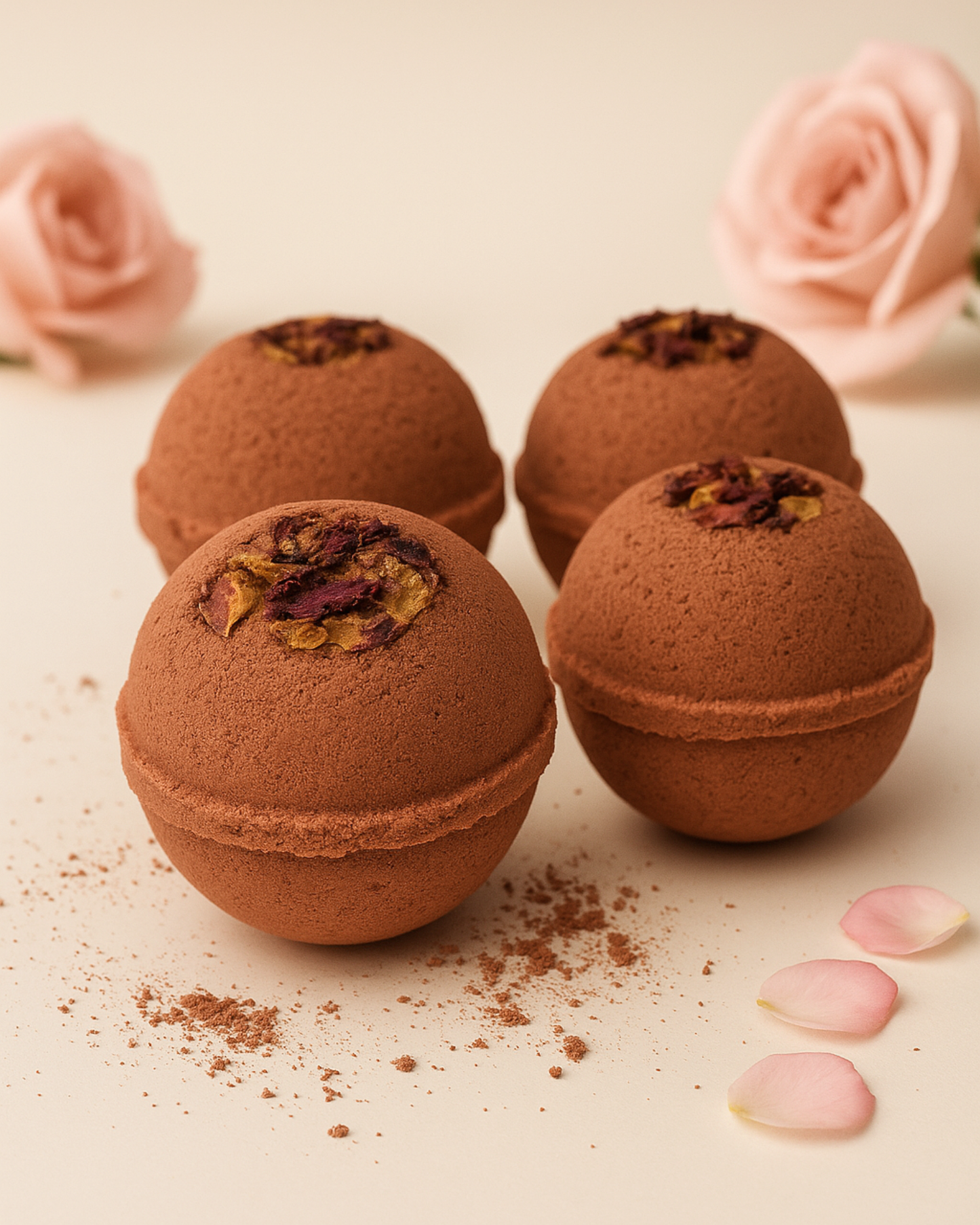 Aphrodite’s Sphere by DEOS Co. — luxurious rose bath bombs infused with organic Damask rose petals, artfully arranged on a soft beige background for a timeless, elegant presentation.