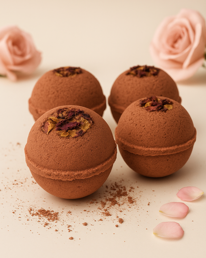 Aphrodite’s Sphere by DEOS Co. — luxurious rose bath bombs infused with organic Damask rose petals, artfully arranged on a soft beige background for a timeless, elegant presentation.