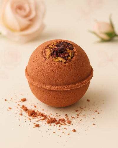 Aphrodite's Sphere organic bath bomb with rose petals on a light background by DEOS Co.