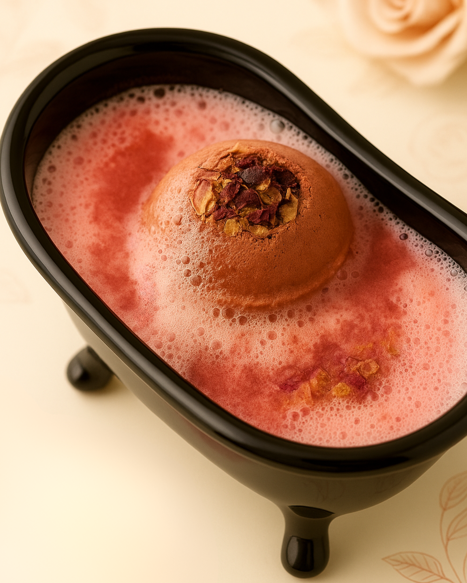 Aphrodite's Sphere natural bath bomb by DEOS CO. in a black bathtub filled with pink fizzyness