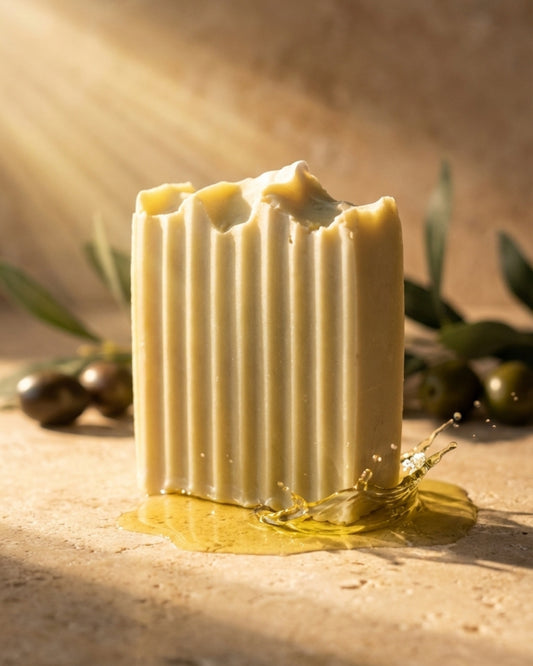 Handcrafted Deosco olive oil soap bar made with pure Greek olive oil, shown in an ancient Greek spa setting with golden sunlight, natural ridged texture, and fresh olive oil for deep moisturizing skincare.