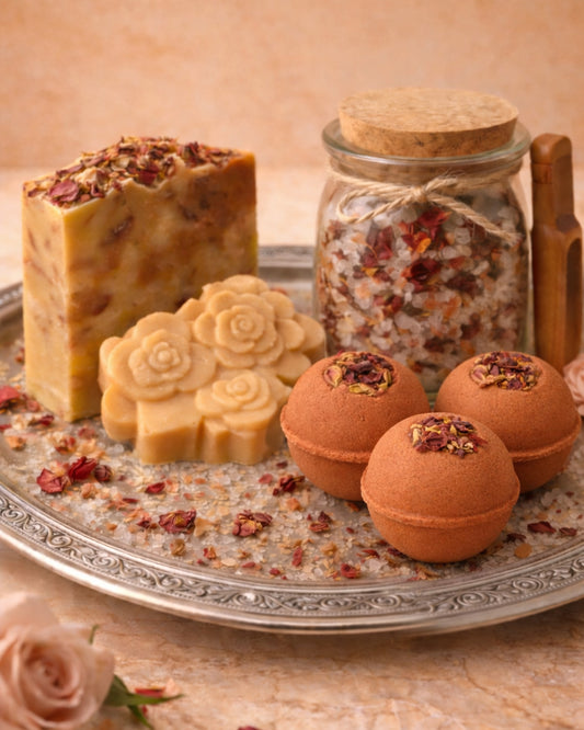 Aphrodite Complete Rose Self-Care 4-Pack — Full & Travel Soap, 3 Mini Organic Rose Bath Bombs & Rose Mineral Bath Soak | Luxury Spa Gift Set