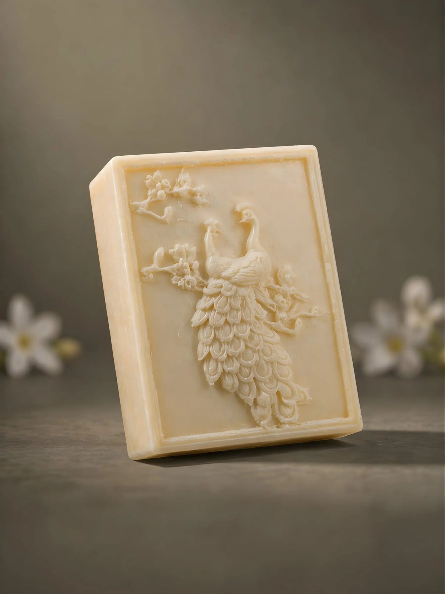 Peacock olive oil & jasmine soap by DEOS Co. – sculpted botanical relief bar, NOCTÉA collection, luxury natural skincare