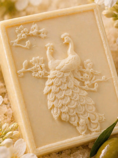 Jasmine olive oil soap with peacock carving – handcrafted natural soap with intricate floral detail, premium DEOS Co. design