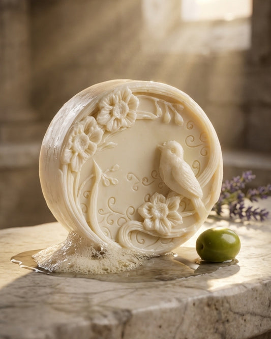 Handcrafted olive and lavender soap with carved bird design, Nardus Bliss The Herald by DEOSCO
The Herald — Pure Olive Oil & Lavender Soap | Nardus Bliss Collection